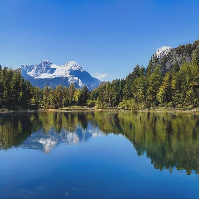 A lake surrounded by trees with a mountain in the background