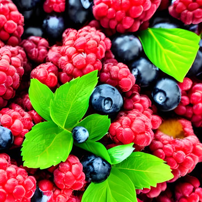 A bunch of raspberries and blueberries with green leaves