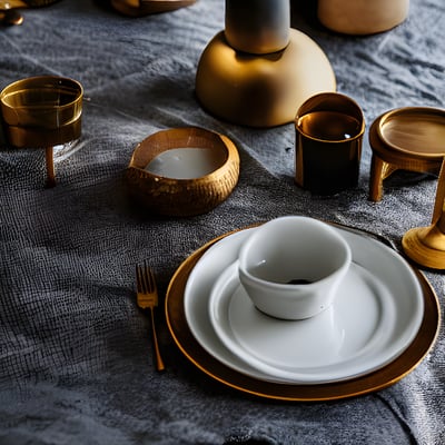 A table topped with a plate and cups