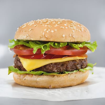 A cheeseburger with tomatoes, lettuce, and cheese