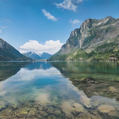 A large body of water surrounded by mountains