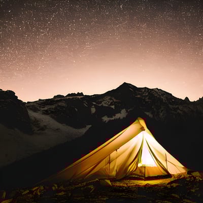 A tent pitched up on top of a mountain under a night sky filled with stars