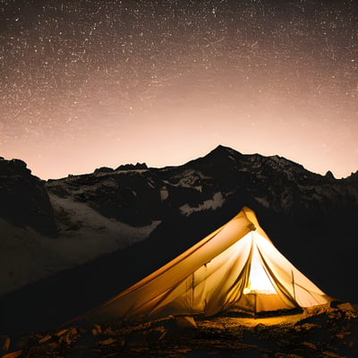 A tent pitched up on top of a mountain under a night sky filled with stars