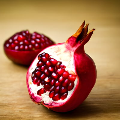 Two pomegranates on a wooden surface