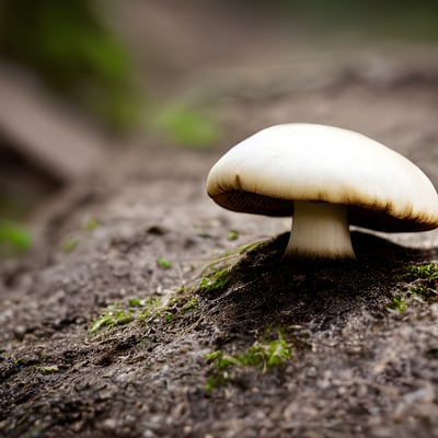 A white mushroom sitting on top of a dirt field