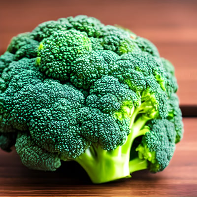 A head of broccoli sitting on top of a wooden table