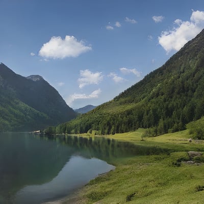 A large body of water surrounded by mountains