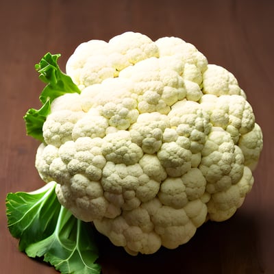 A head of cauliflower sitting on top of a wooden table