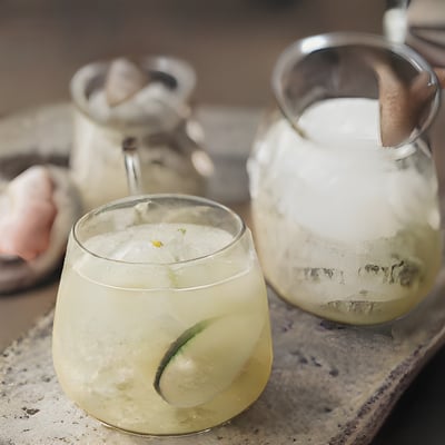 A pitcher of lemonade next to a glass of lemonade