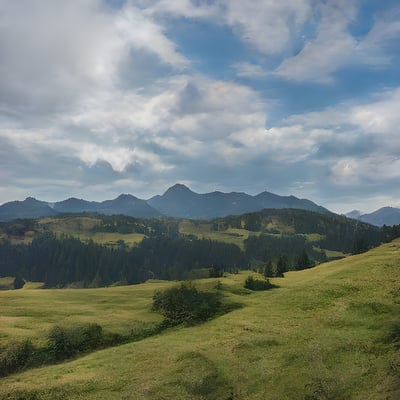 A grassy field with mountains in the background