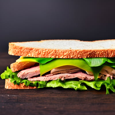 A sandwich with meat and lettuce on a wooden table