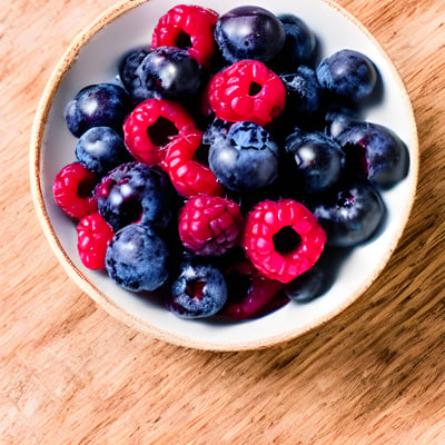 A bowl of blueberries and raspberries on a wooden table