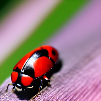 A close up of a red and black beetle