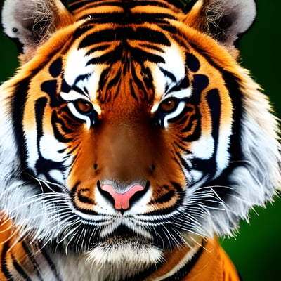 A close up of a tiger's face with a green background