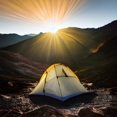 A tent pitched up in the mountains with the sun shining