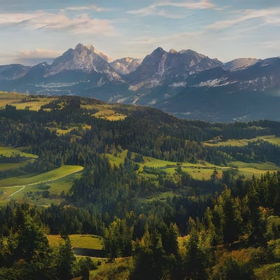 A scenic view of a valley with mountains in the background