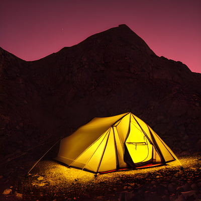 A tent lit up at night in the mountains