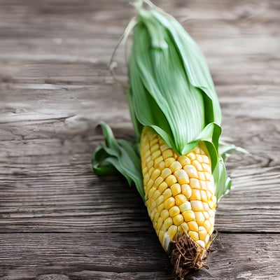 A close up of a corn on the cob on a wooden surface