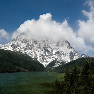 A large mountain covered in snow on a cloudy day