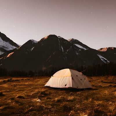 A tent pitched up in a field with mountains in the background