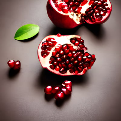 A pomegranate cut in half on a table