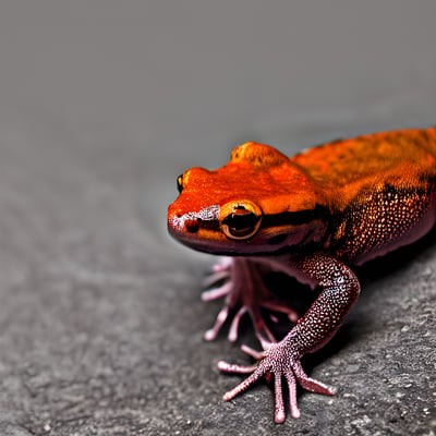A close up of a small orange and black frog