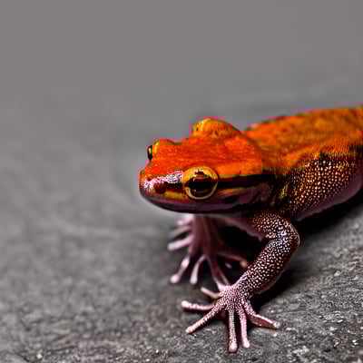 A close up of a small orange and black frog