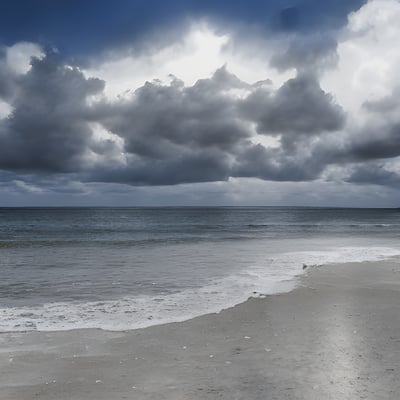 A cloudy sky over the ocean with a surfboard in the foreground