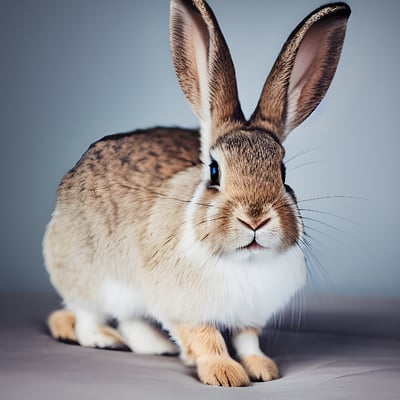 A brown and white rabbit sitting on top of a bed