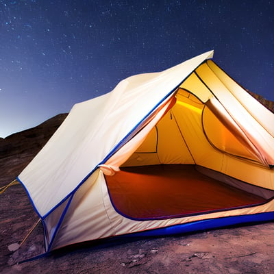 A tent pitched up in the desert under a night sky