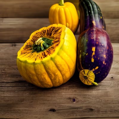 A group of squash sitting on top of a wooden table