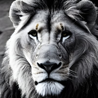 A close up of a lion's face with a black background