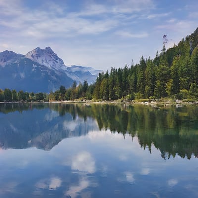 A lake surrounded by trees with mountains in the background