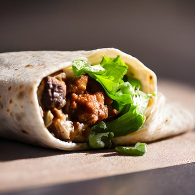 A burrito filled with meat and lettuce