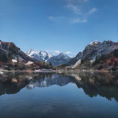 A lake surrounded by mountains under a blue sky