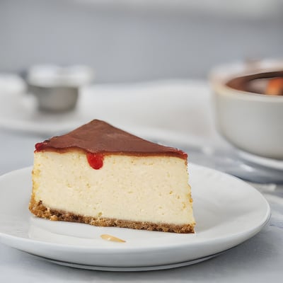 A piece of cheesecake on a white plate