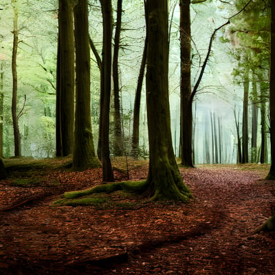 A path through a forest with lots of trees