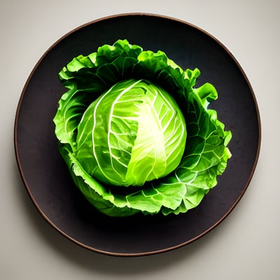 A black plate with a green cabbage on it