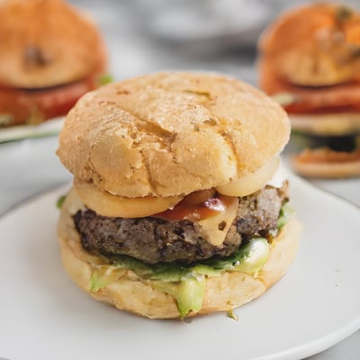 A hamburger sitting on top of a white plate