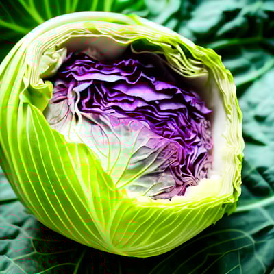 A close up of a cabbage on a leafy surface