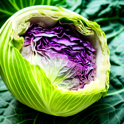 A close up of a cabbage on a leafy surface