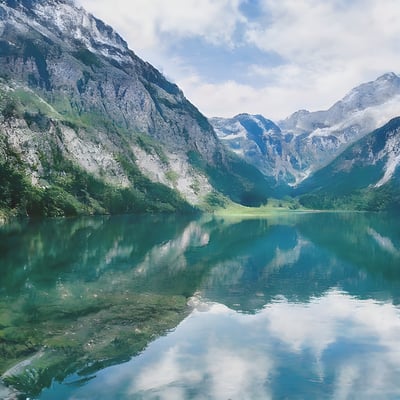 A lake surrounded by mountains under a cloudy sky