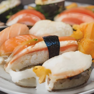 A white plate topped with sushi