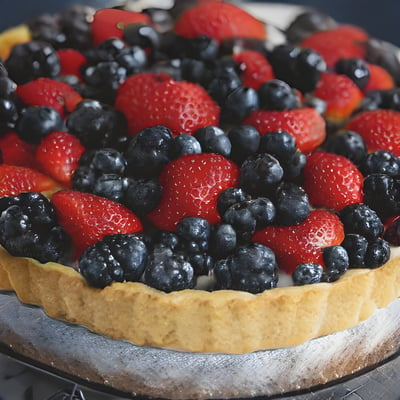 A pie topped with berries and blueberries on top of a table