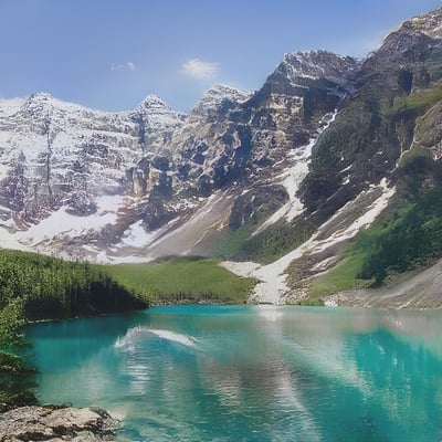 A mountain lake surrounded by snow covered mountains