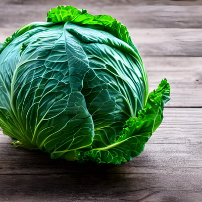 A head of cabbage on a wooden surface