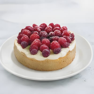 A white plate topped with a cake covered in raspberries