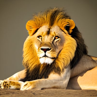 A close up of a lion laying on the ground