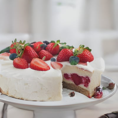 A white strawberry cake with a slice cut out of it