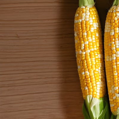 Two ears of corn on a wooden surface